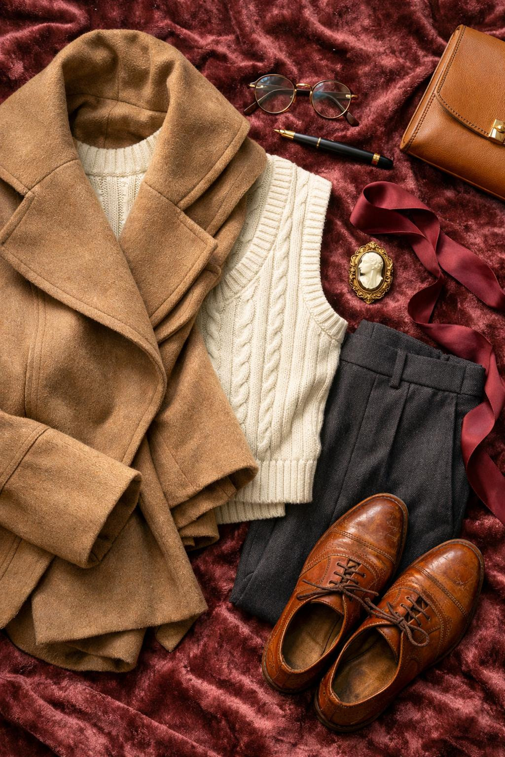Preppy office outfits featuring camel coat on burgundy velvet