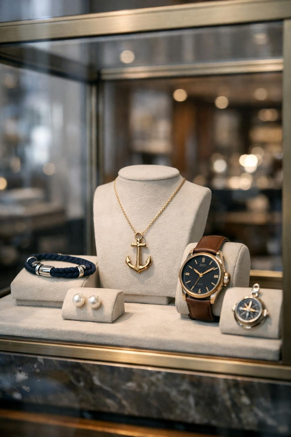 Preppy office outfits with nautical gold jewelry display