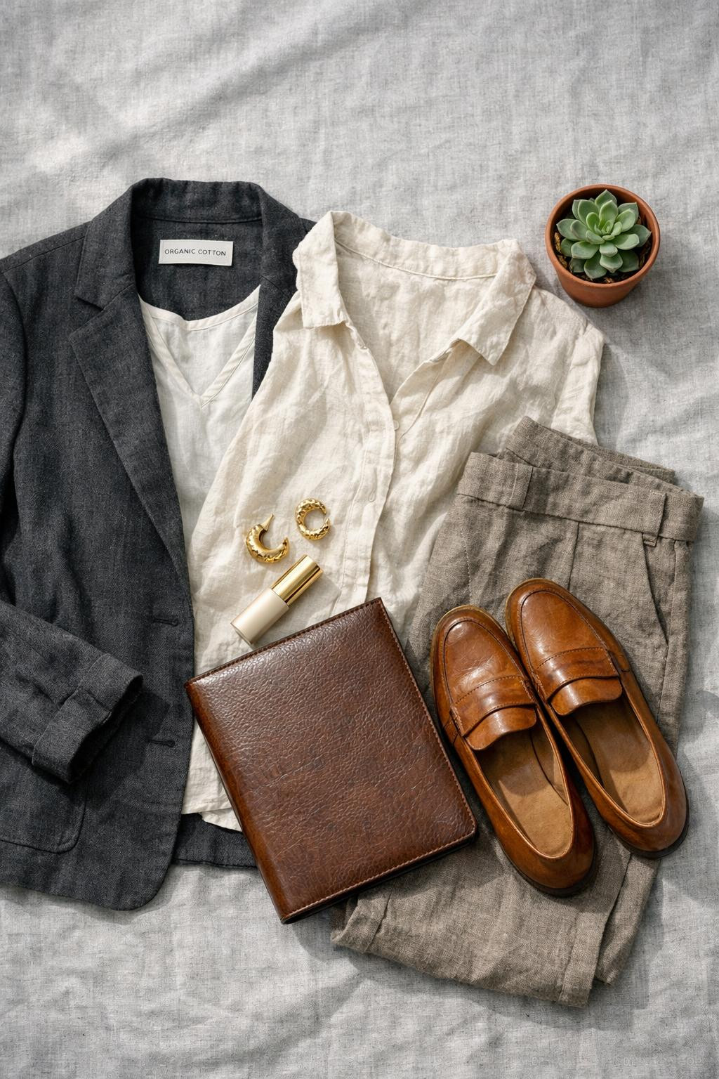 Sustainable business casual flat lay with charcoal organic cotton blazer