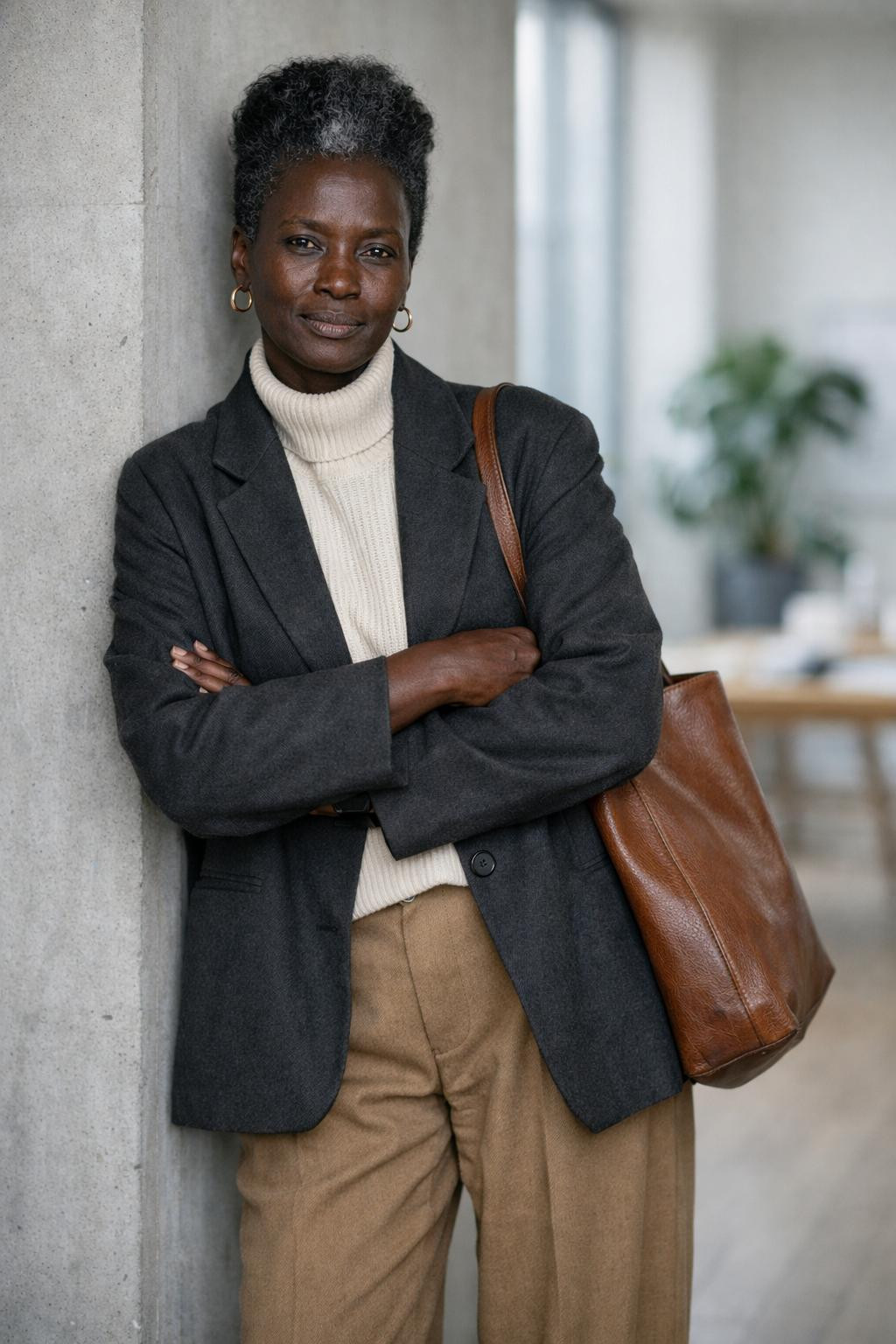 Sustainable business casual with charcoal oversized blazer