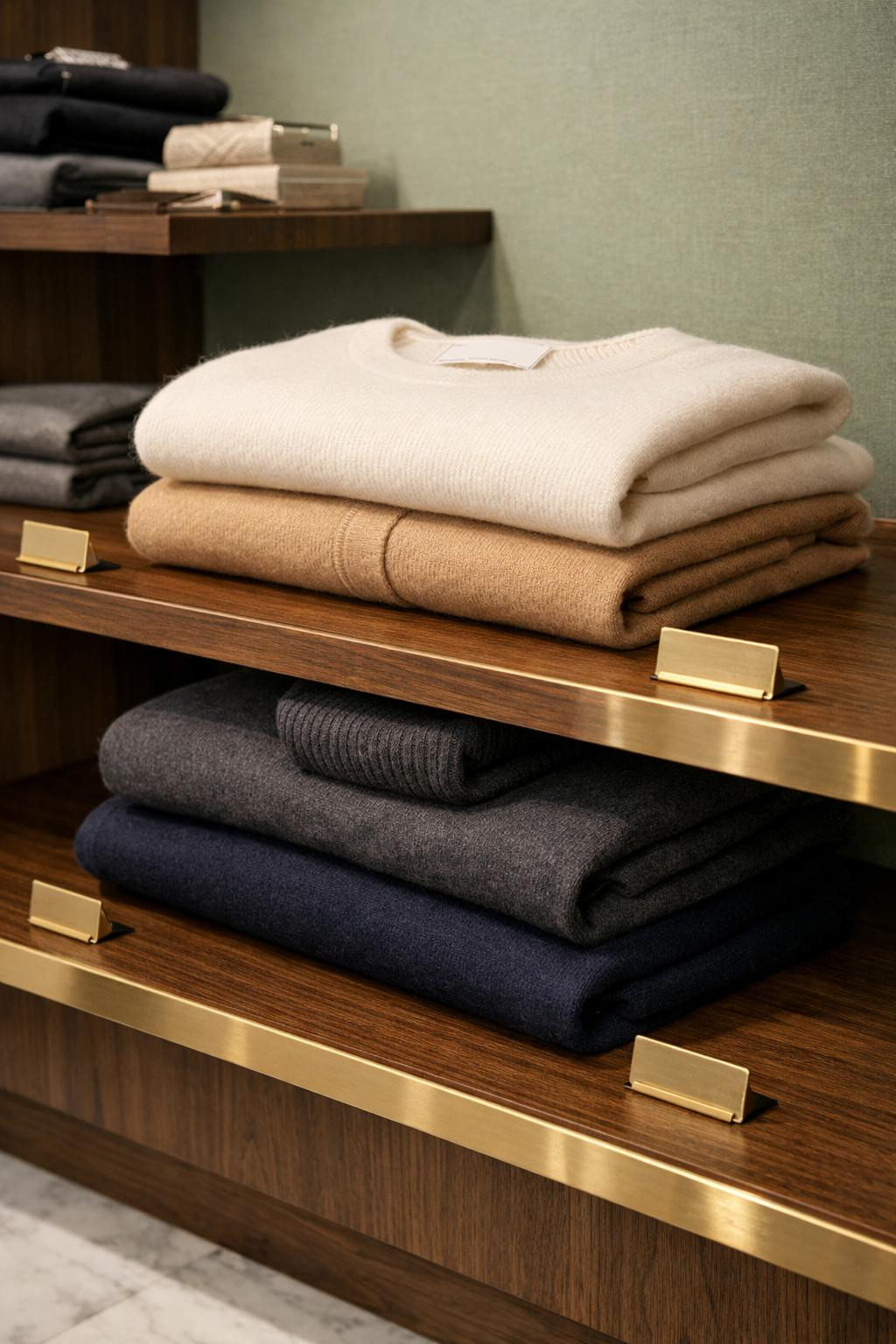 Sustainable business casual with cream cashmere crewneck