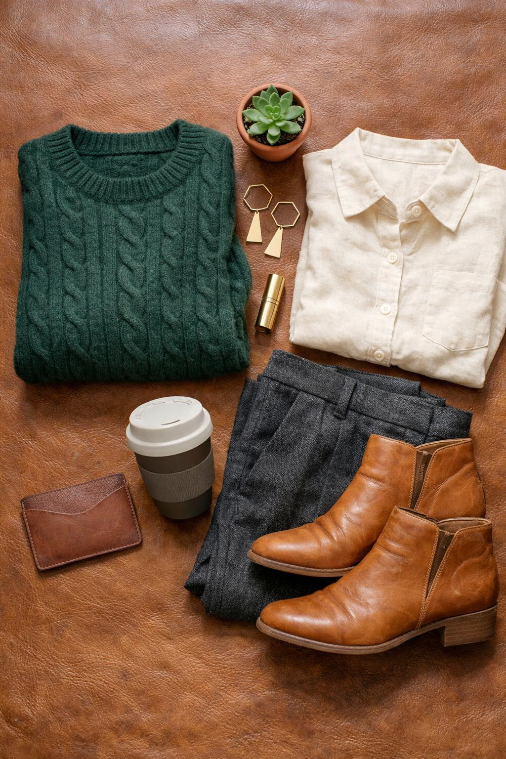 Sustainable business casual flat lay with forest green cashmere