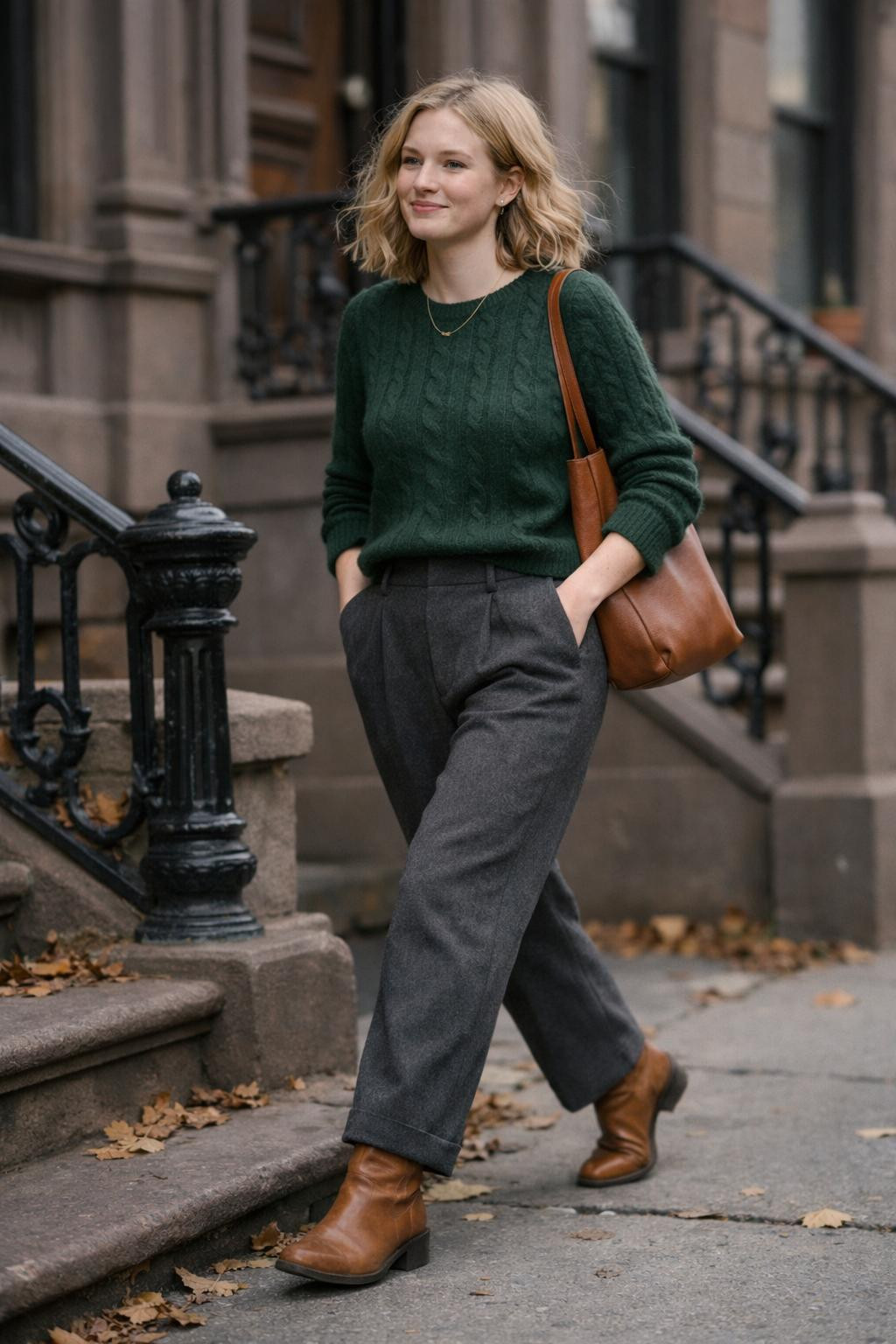 Sustainable business casual with forest green cashmere sweater