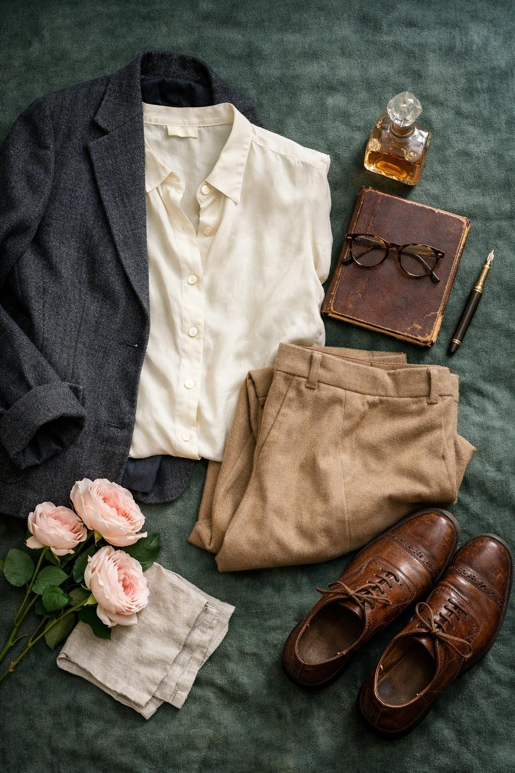 Sustainable business casual flat lay with upcycled charcoal blazer