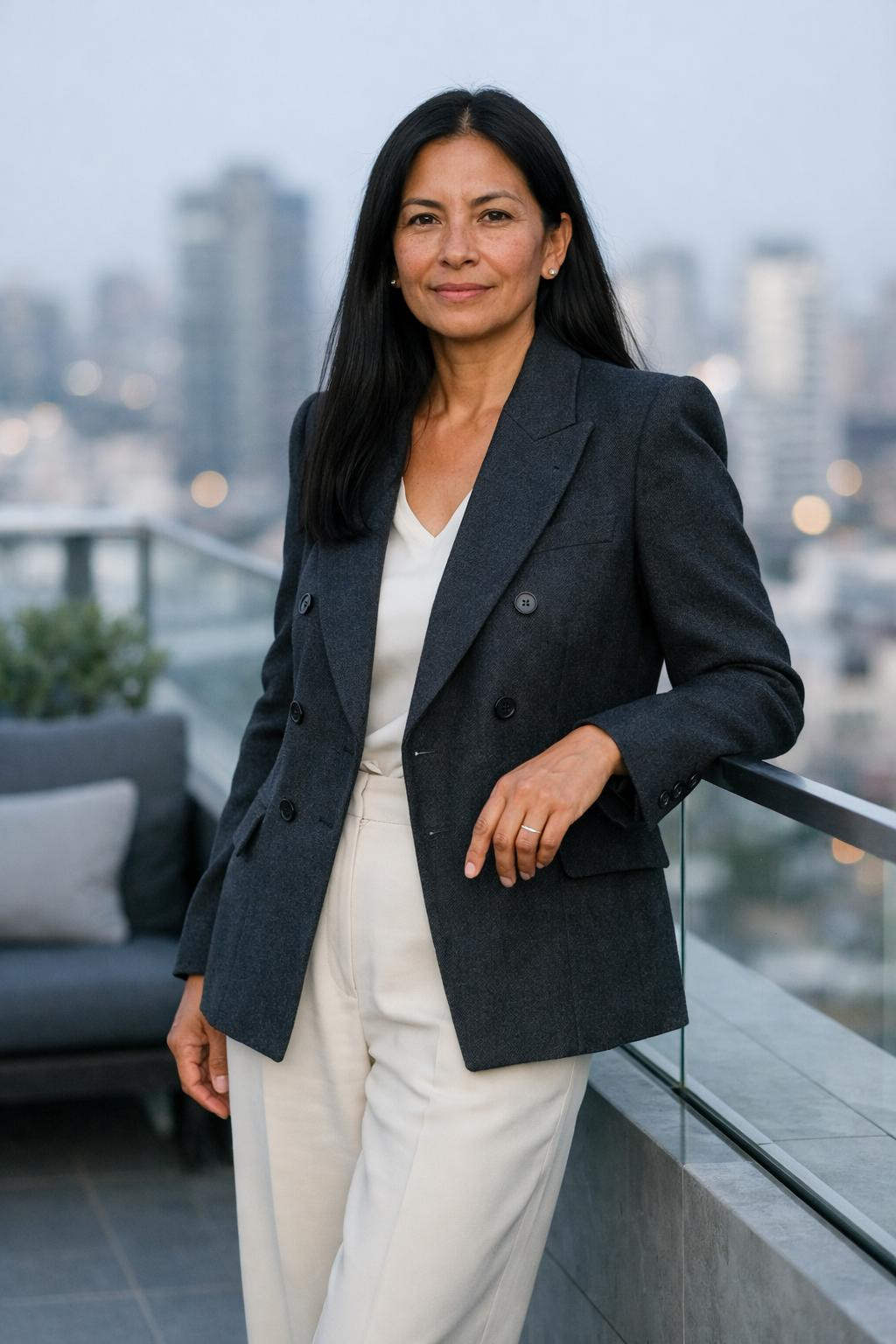 Sustainable business casual with charcoal grey recycled wool blazer