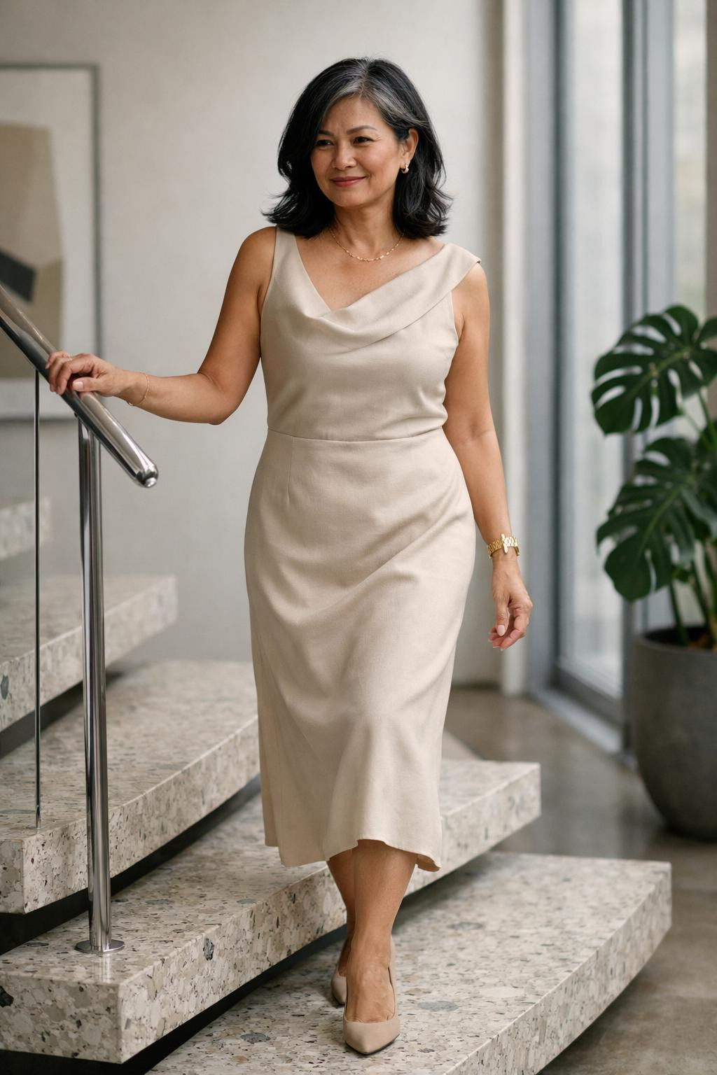 Sustainable business casual with champagne silk midi dress