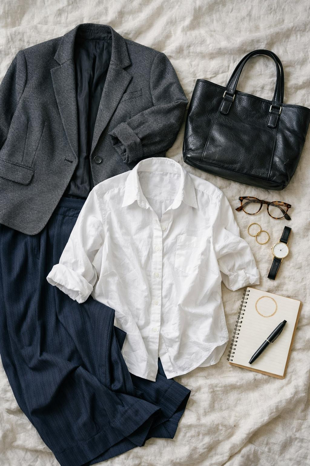 Plus size business outfits flat lay with charcoal blazer
