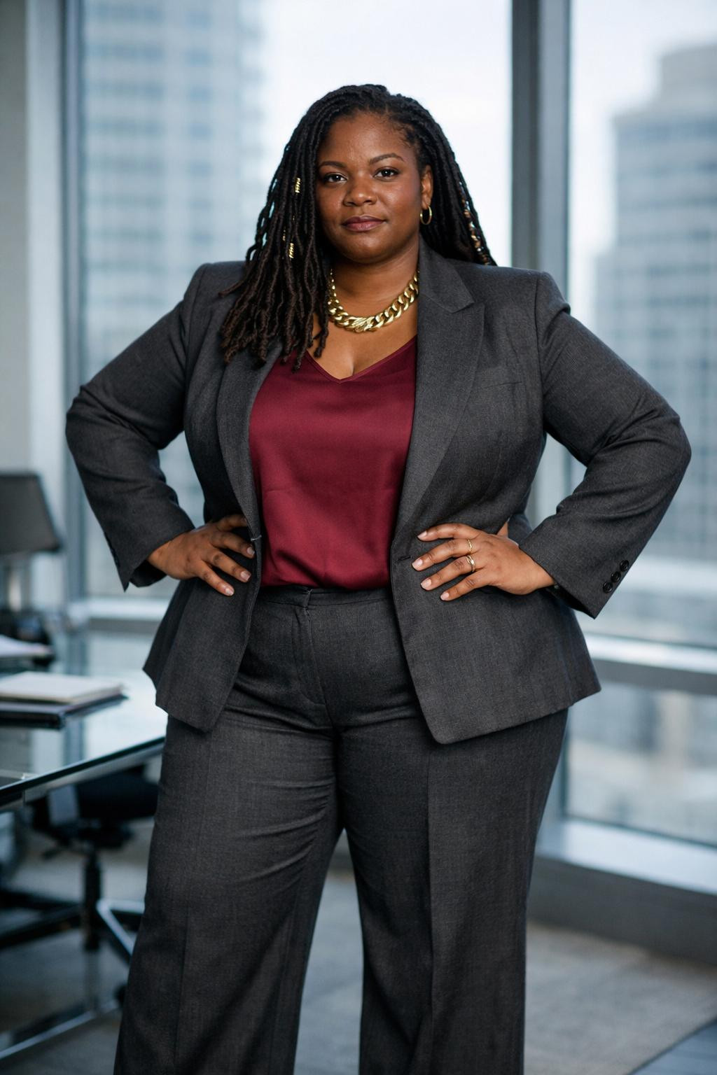 Plus size business outfits with charcoal power suit and burgundy blouse