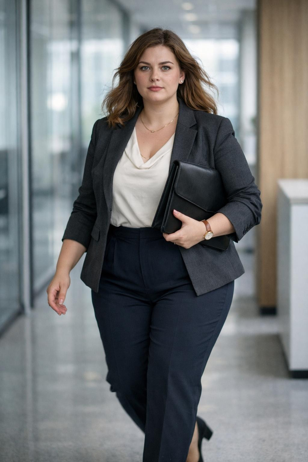 Plus size business outfits with charcoal blazer and stretch fabric