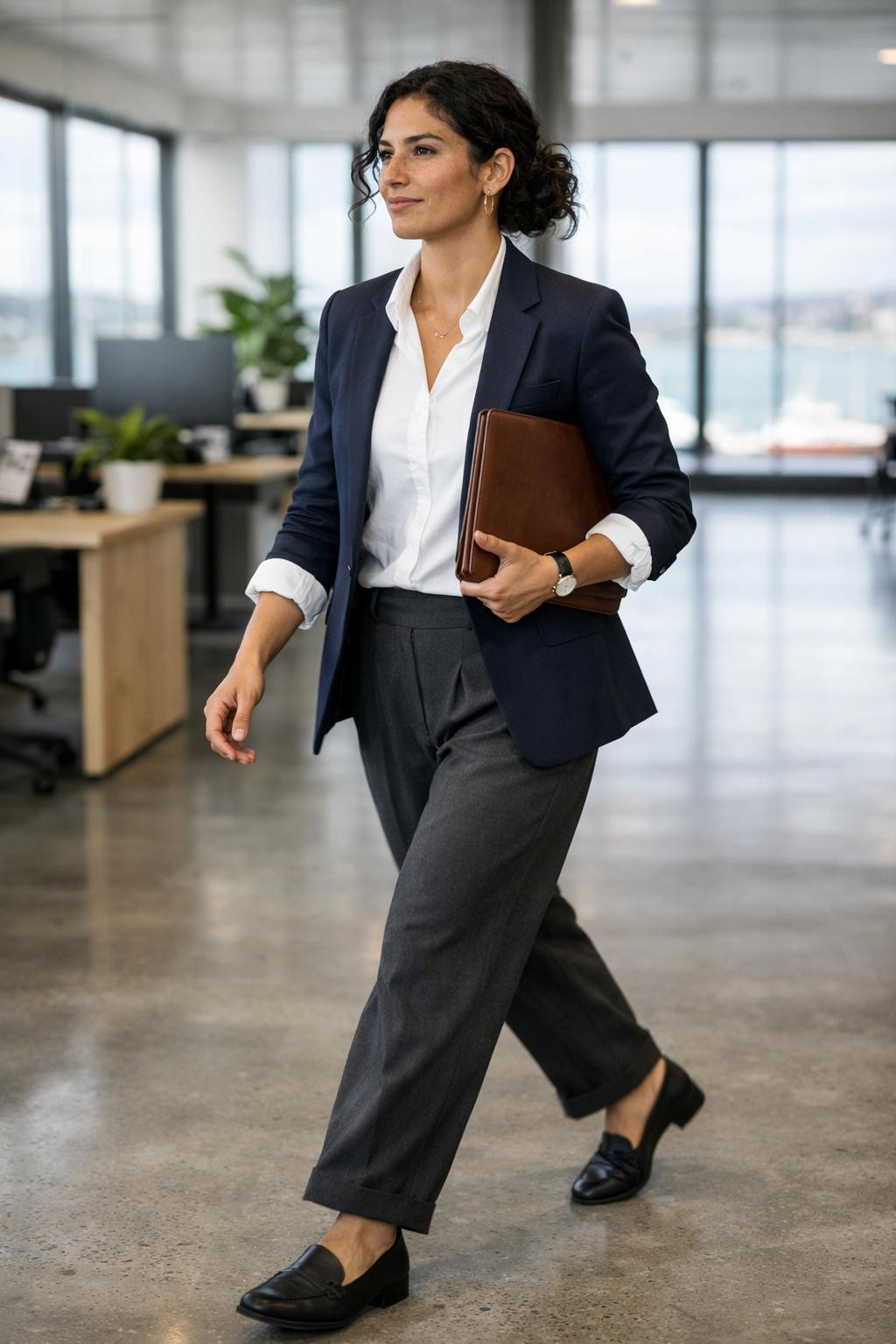 Plus size business outfits with navy blazer and rolled sleeves