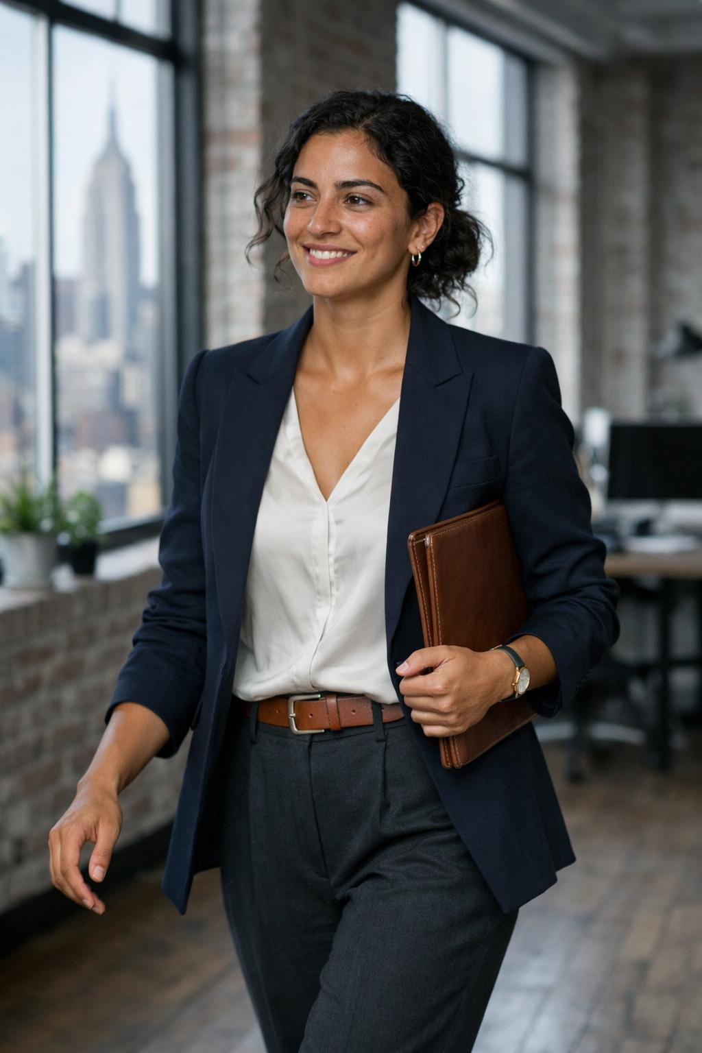 Plus size business outfits with navy blazer in loft office