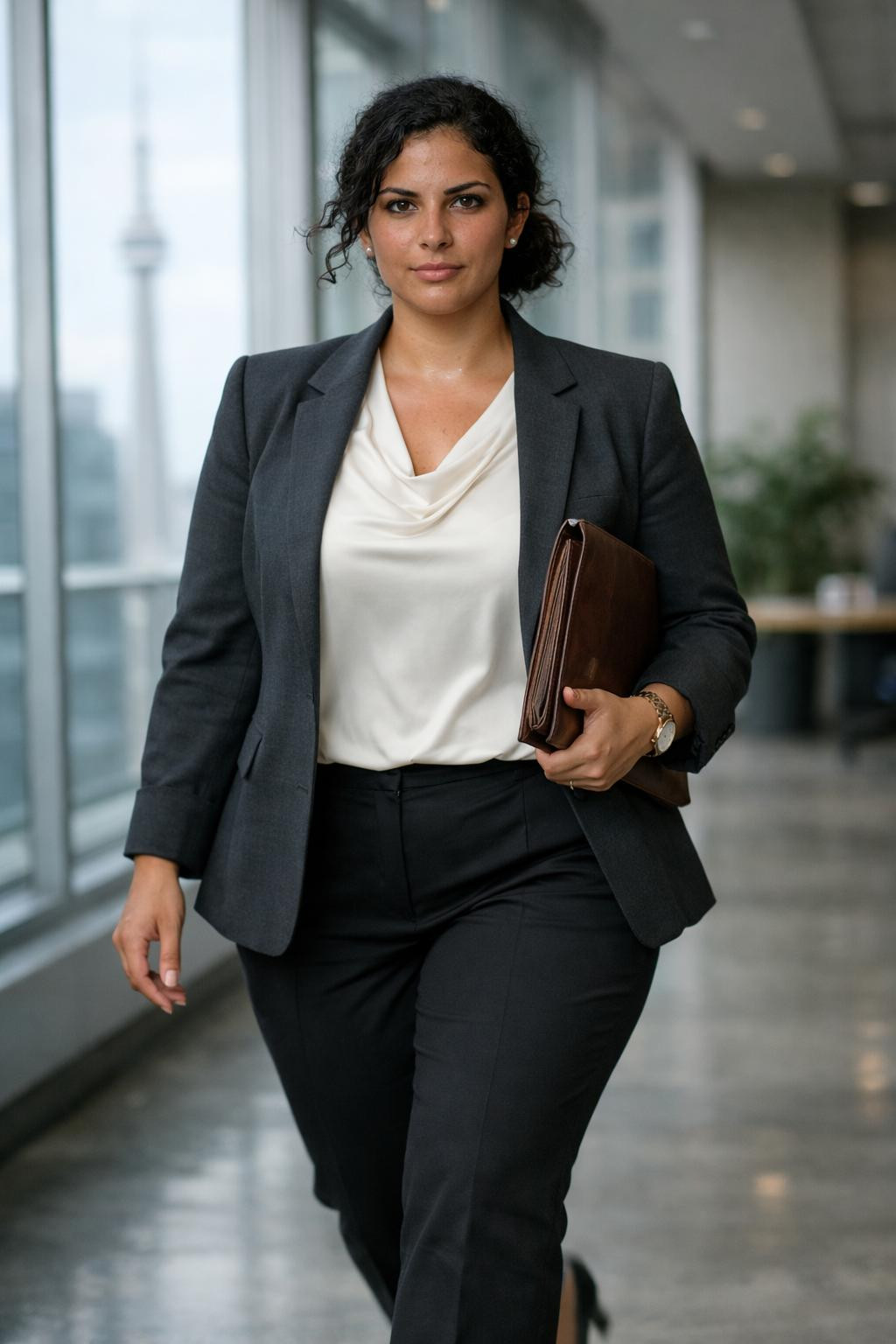 Plus size business outfits with charcoal suit and structured fit