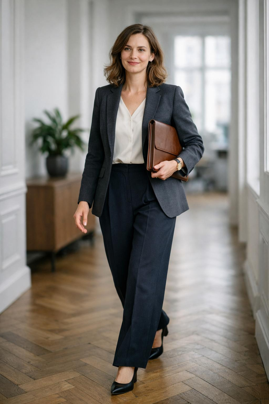 Plus size business outfits with charcoal blazer and navy trousers