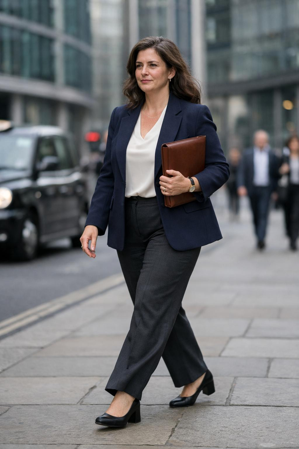 Plus size business outfits with British tailored navy suit