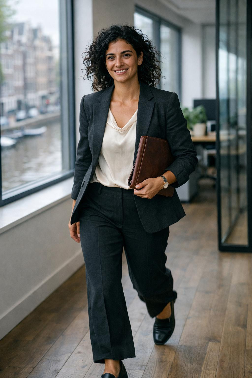 Plus size business outfits with charcoal blazer and ivory blouse