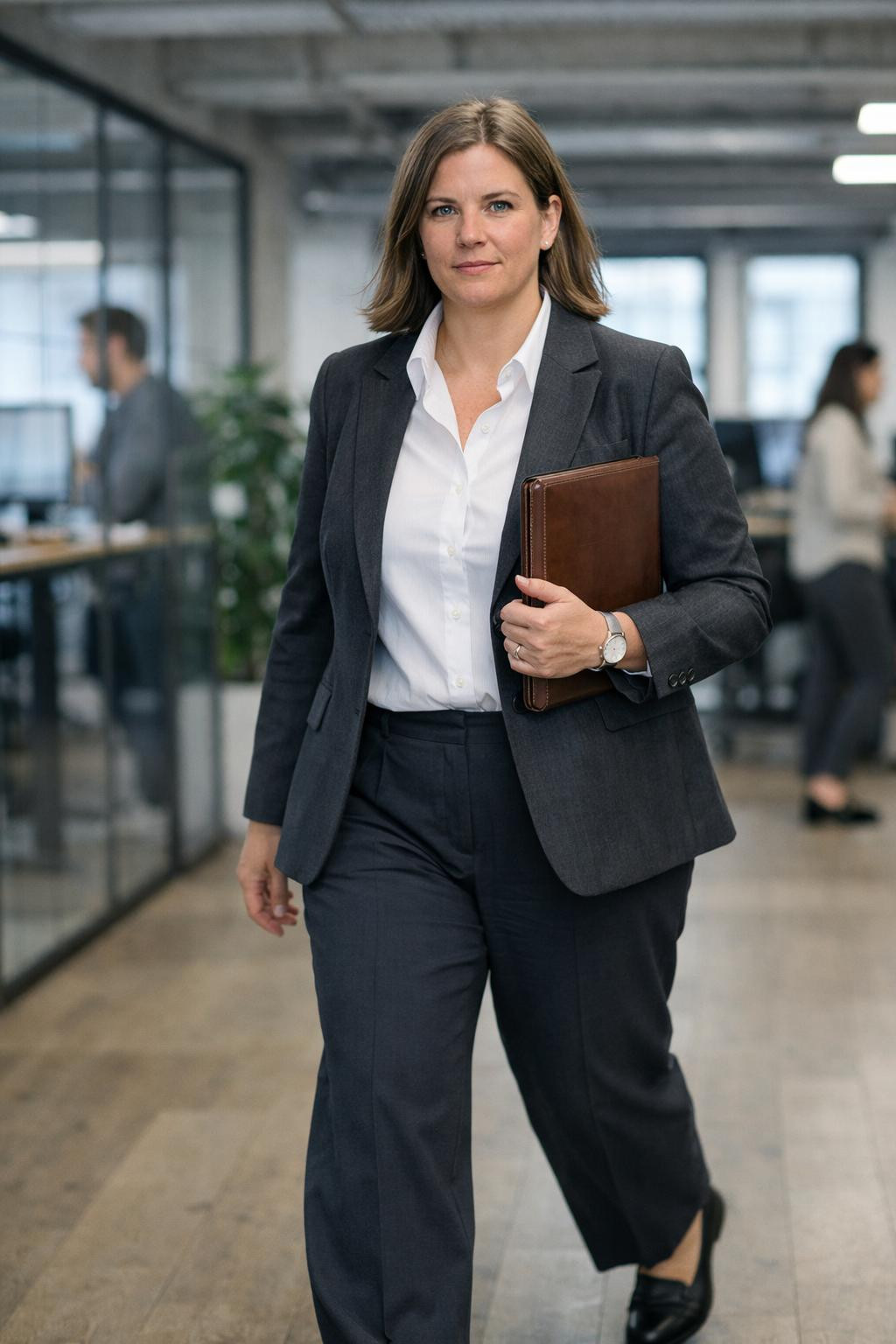 Plus size business outfits with charcoal pinstripe suit