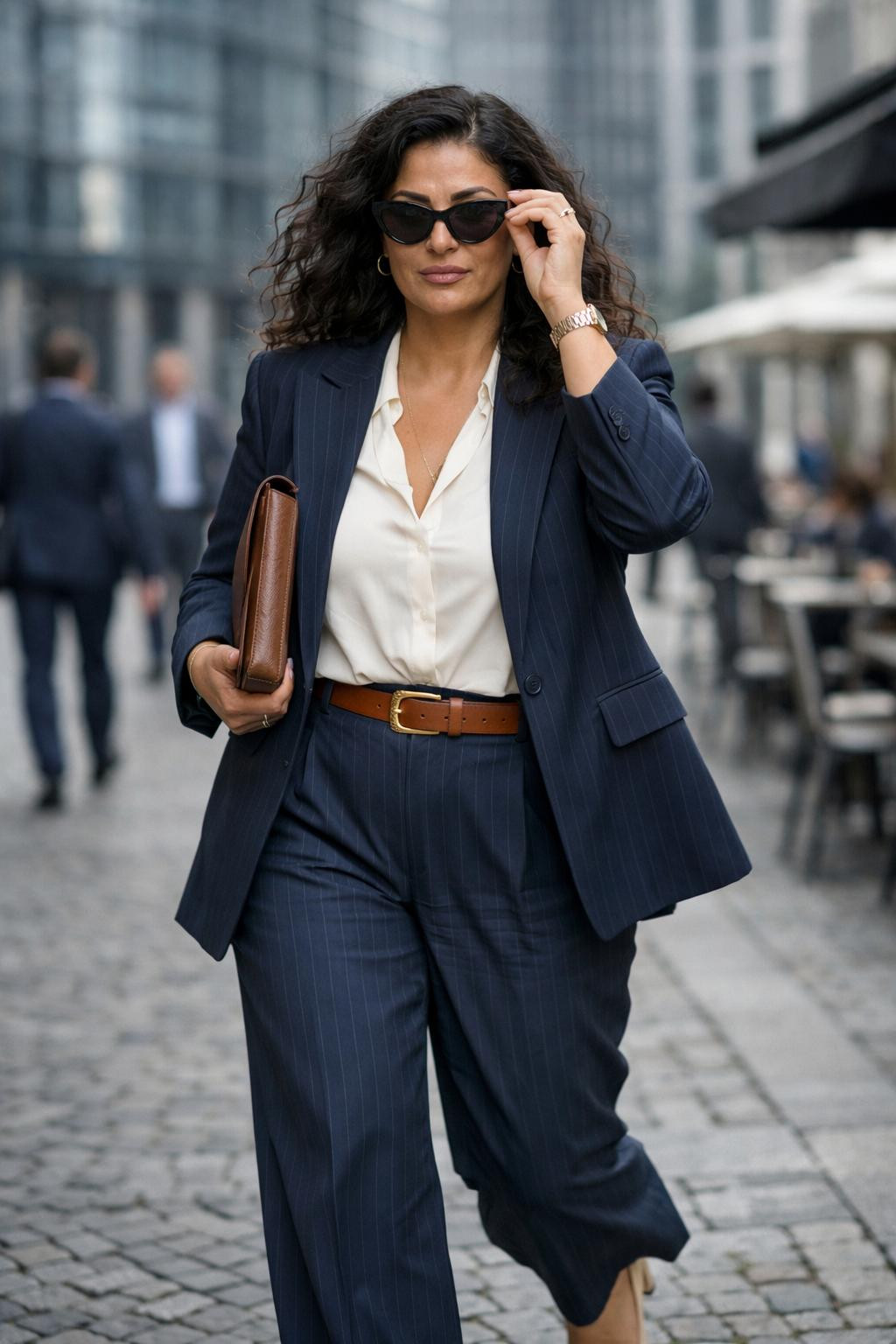 Plus size business outfits with relaxed pinstripe suit