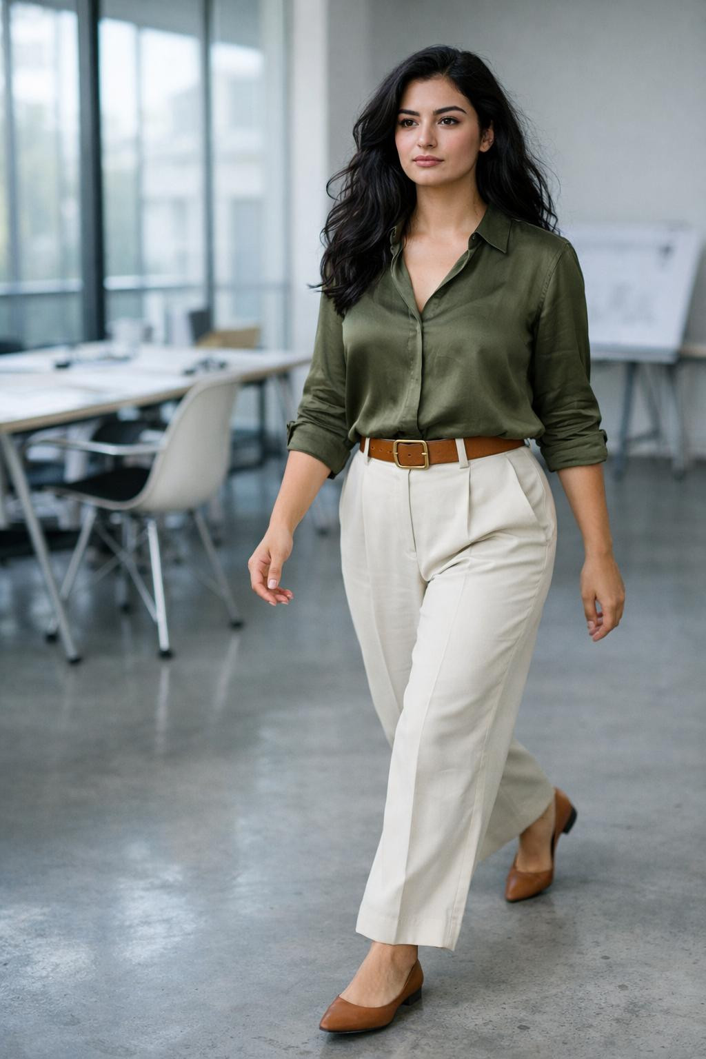 Summer business casual outfits with olive silk and cream wide-leg pants