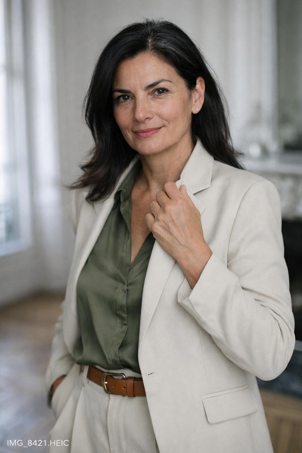 Summer business casual outfits with olive silk blouse and cream trousers