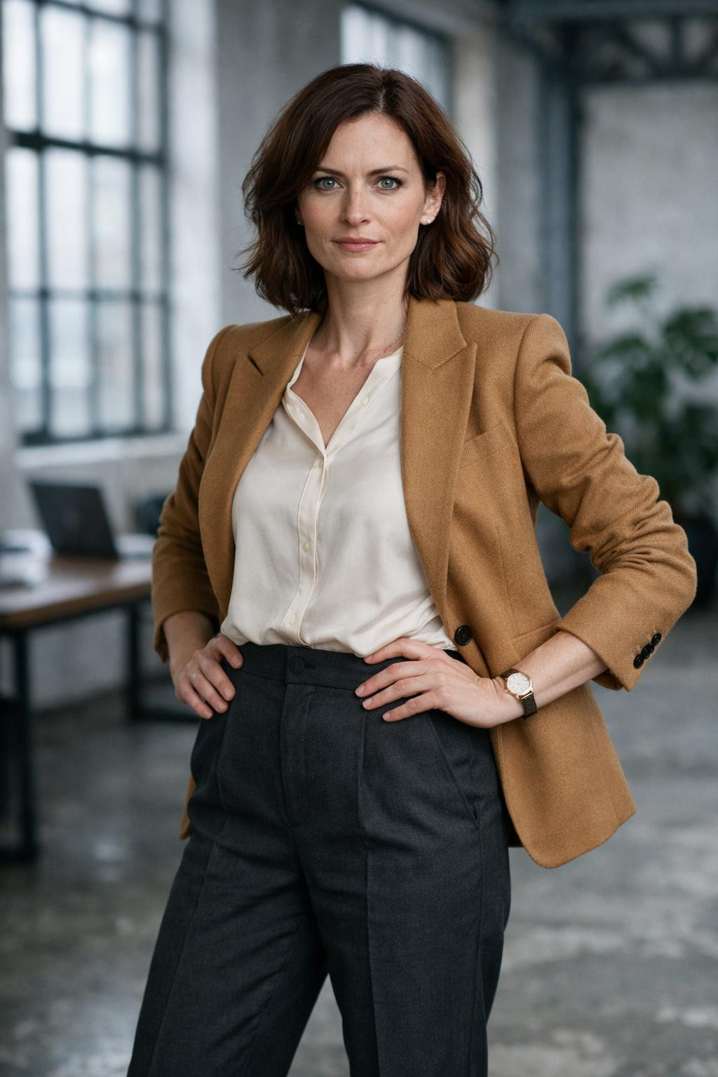 Summer business casual outfits with camel blazer and charcoal wool pants