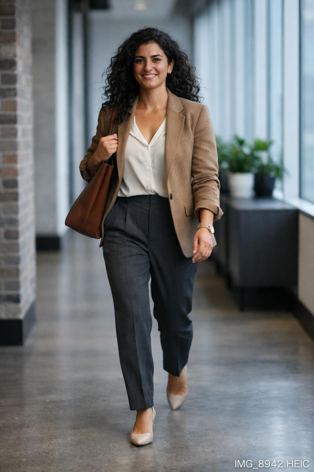 Summer business casual outfits with camel blazer and charcoal trousers