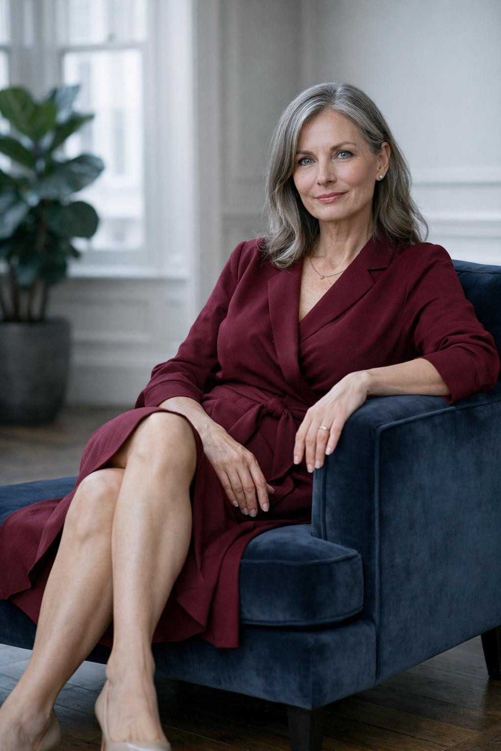 Summer business casual outfits with burgundy wrap dress and gold jewelry