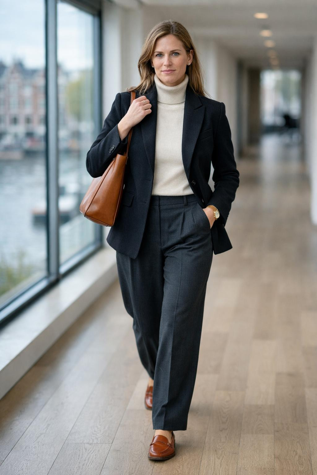 Summer business casual outfits with black blazer and cream turtleneck