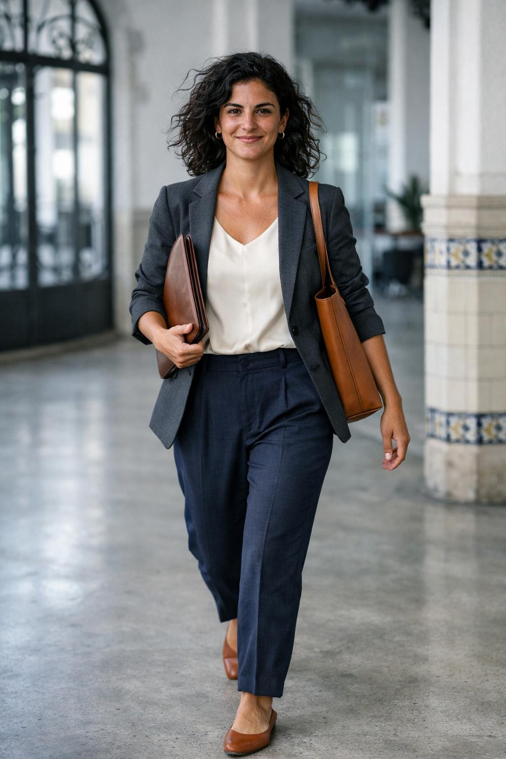 Summer business casual outfits with charcoal blazer and navy trousers