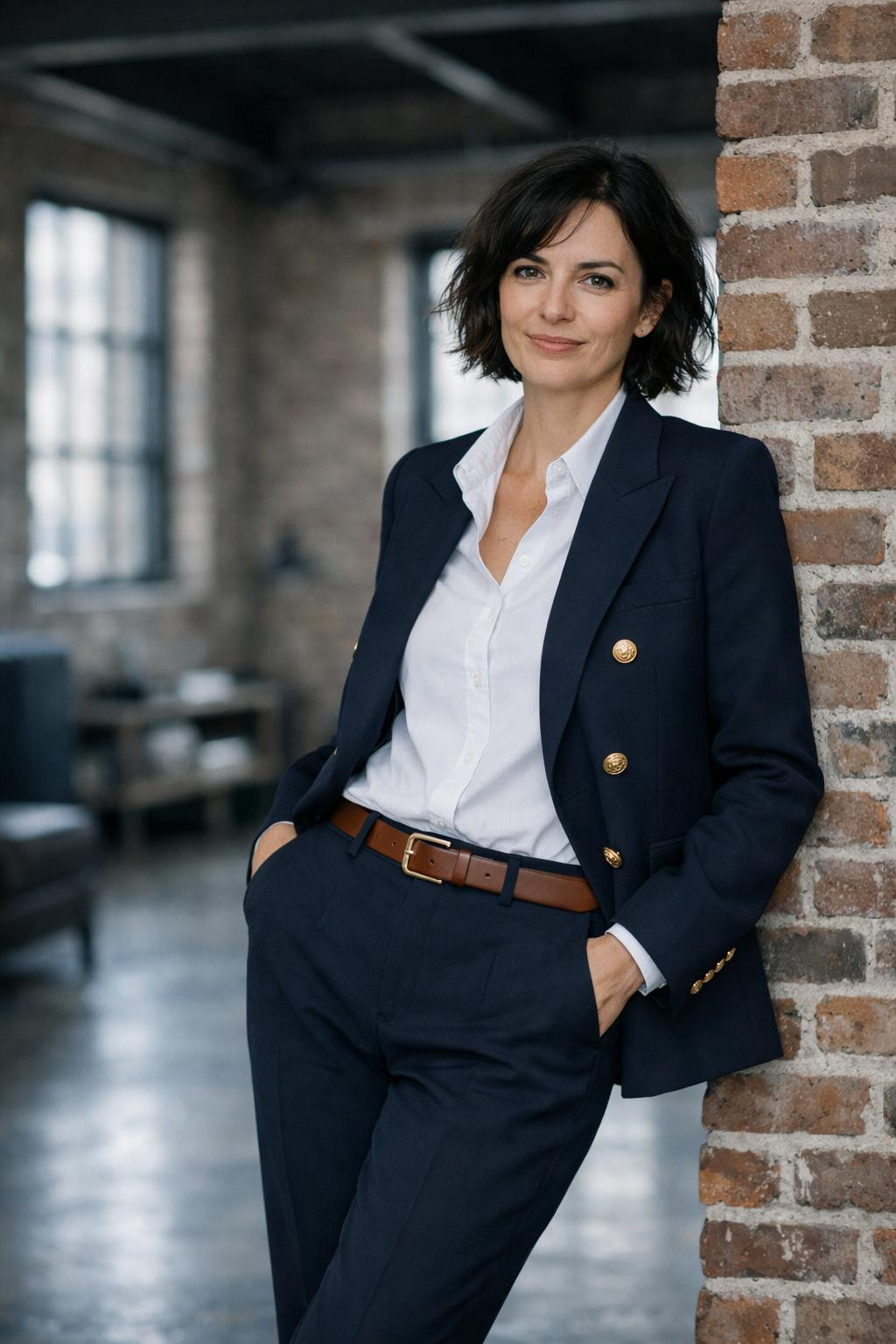 Summer business casual outfits with navy power suit and white poplin shirt