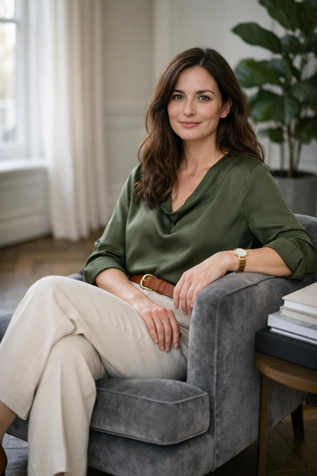 Summer business casual outfits with olive silk blouse and cream wide-leg pants