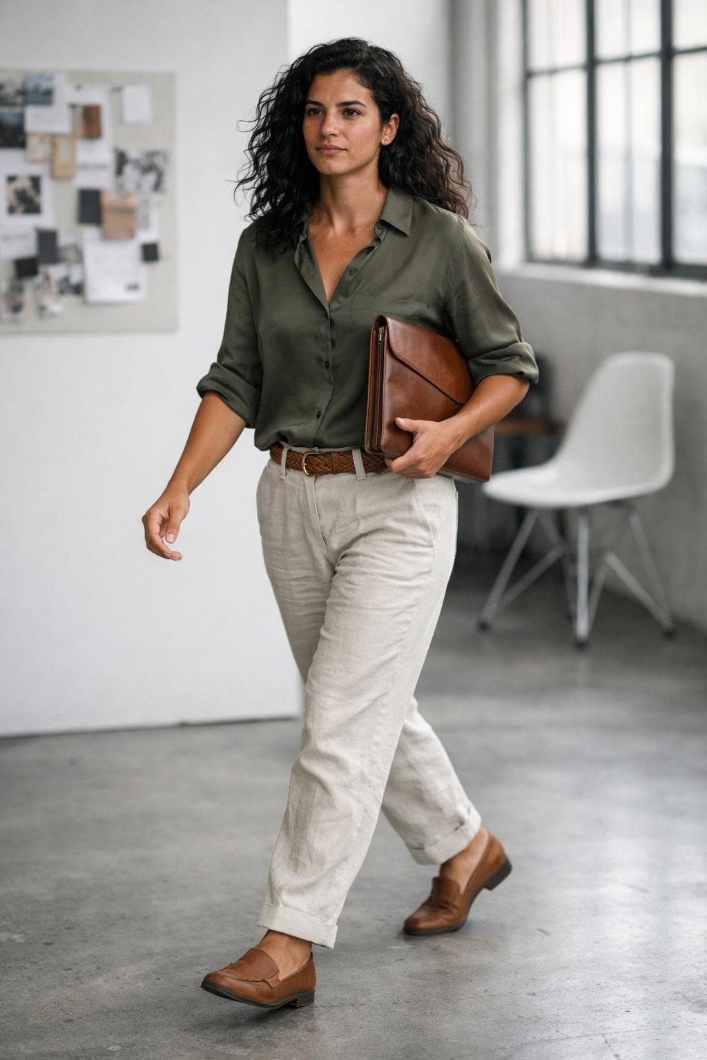 Summer business casual outfits with olive silk and cream linen trousers