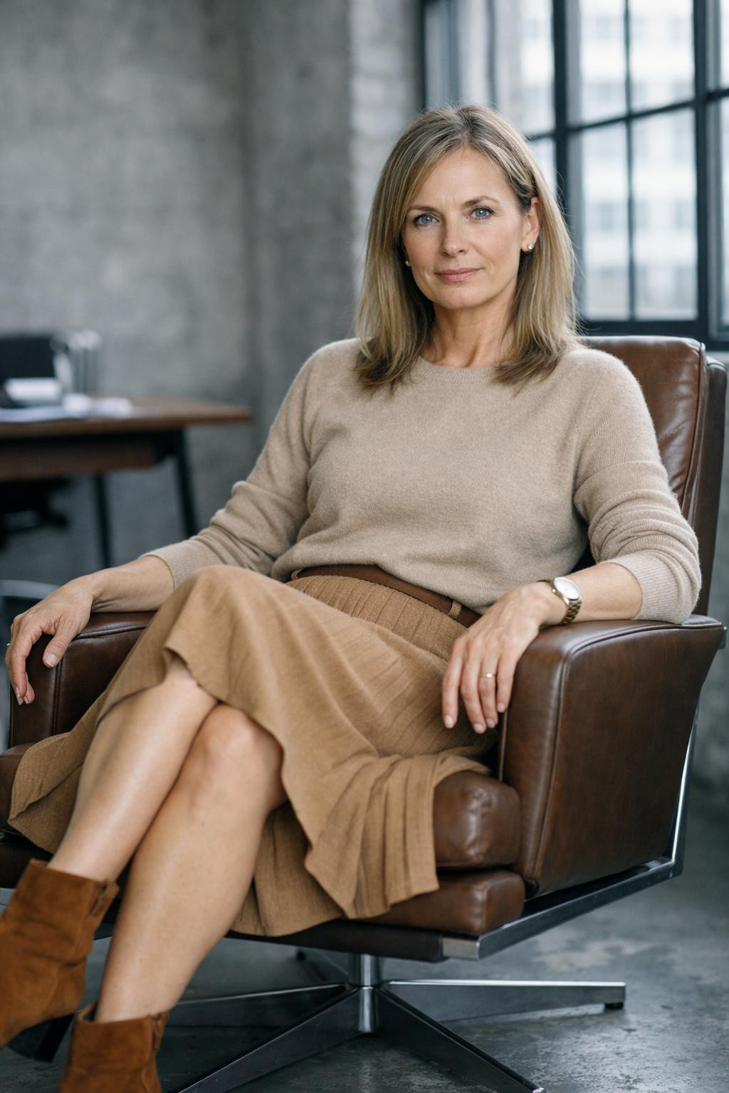 Business professional outfits with beige cashmere and camel skirt