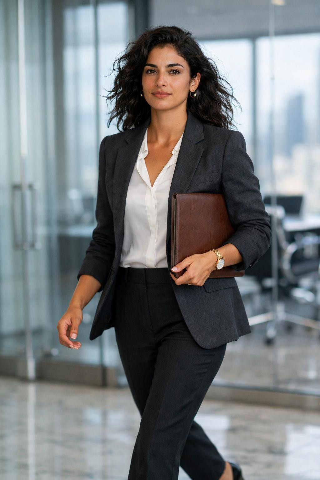 Business professional outfits with charcoal blazer and city view