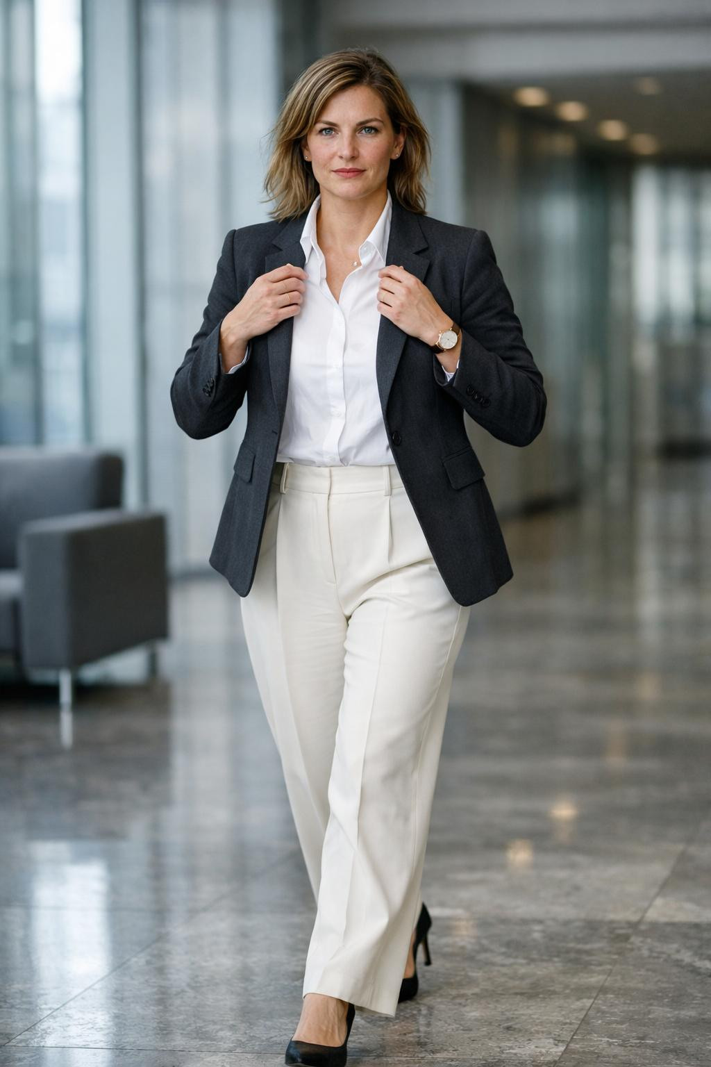 Business professional outfits with white poplin shirt and charcoal blazer