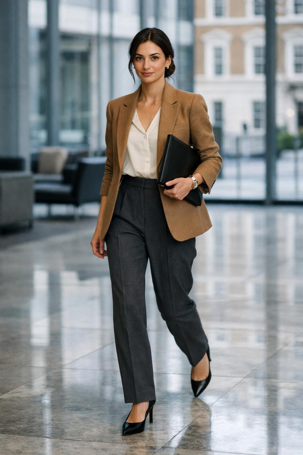 Business professional outfits with camel wool blazer and charcoal trousers