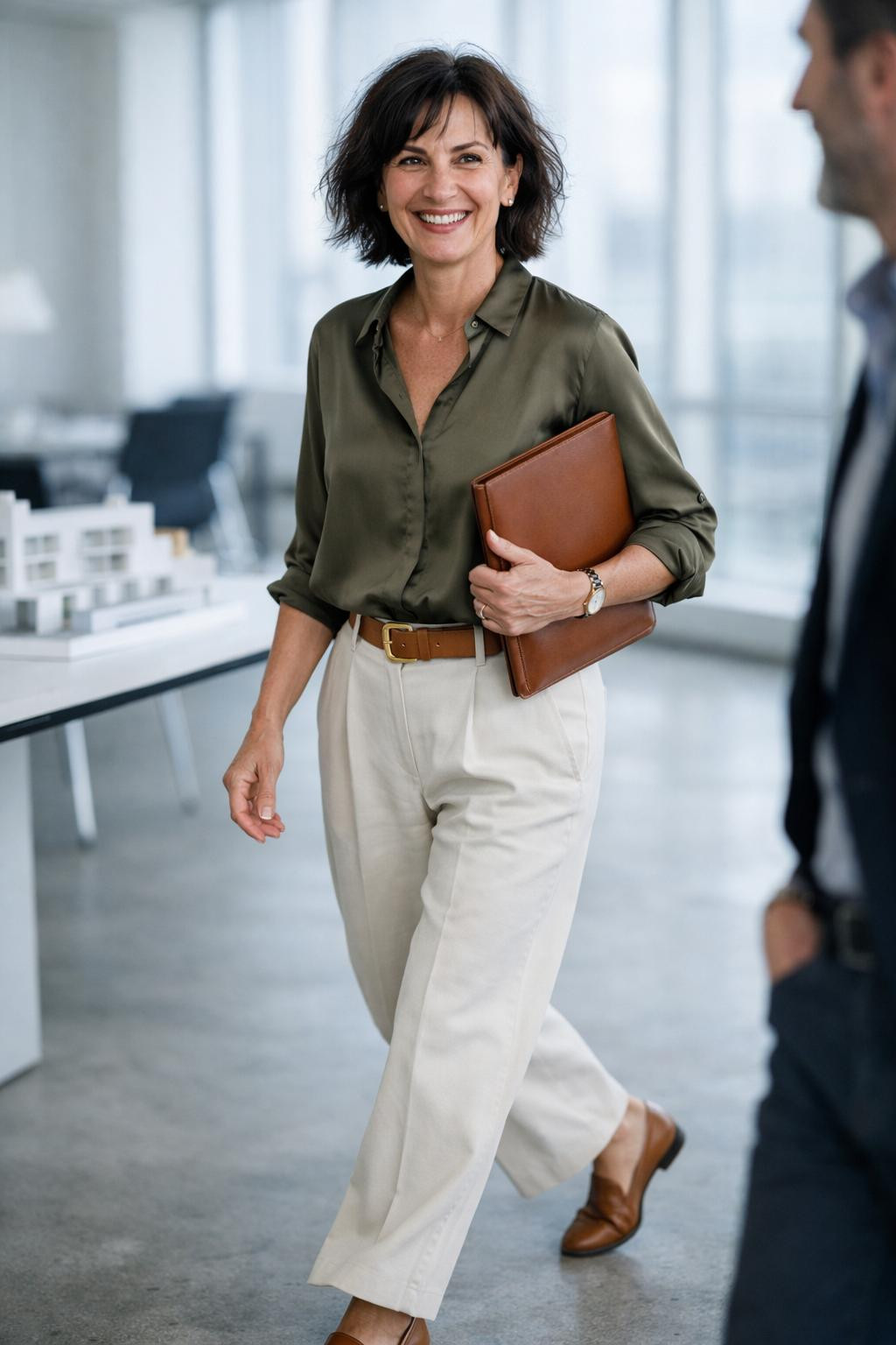 Business professional outfits with olive silk blouse and cream trousers