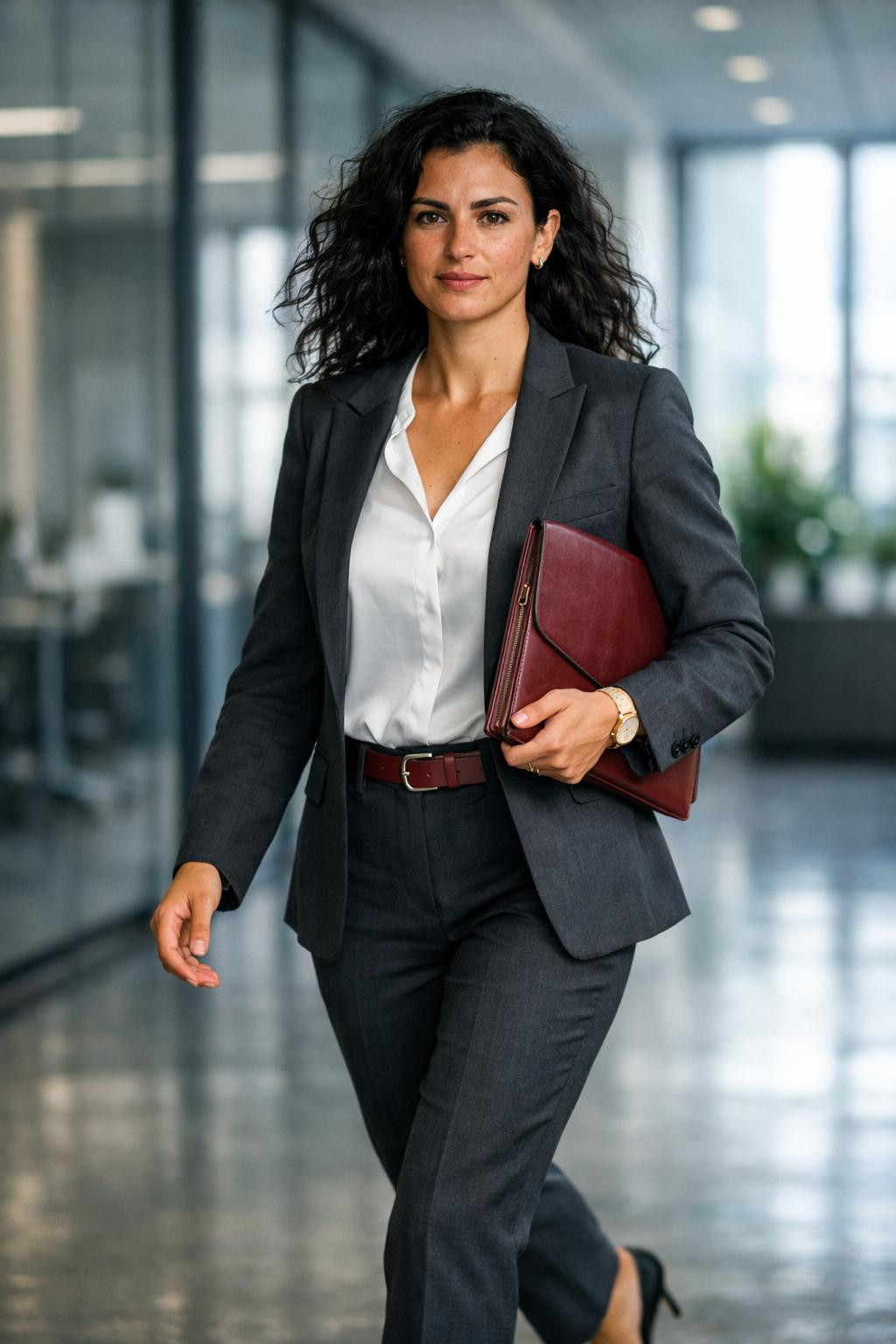 Business professional outfits with charcoal power suit and burgundy belt