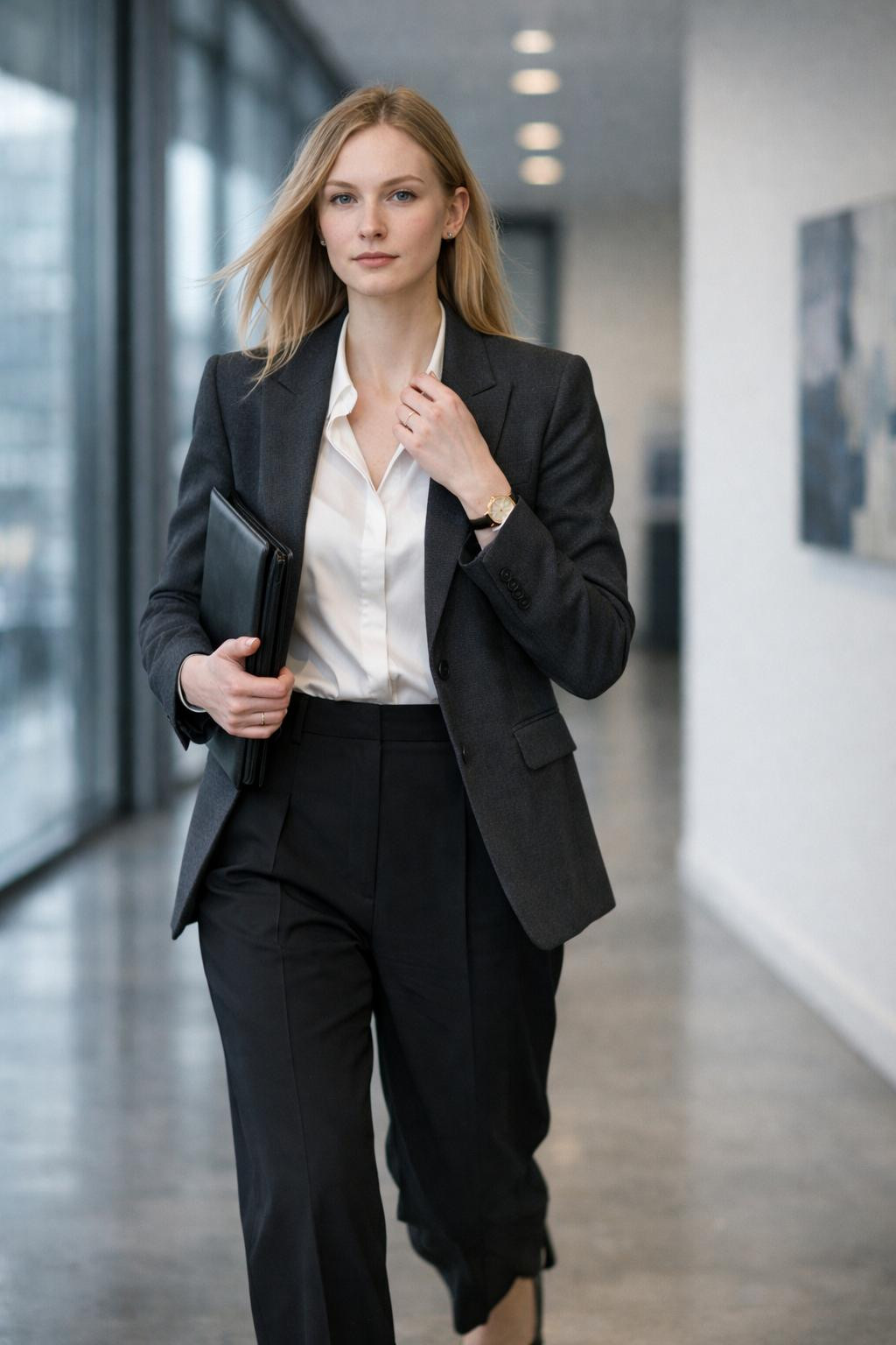 Business professional outfits with charcoal blazer and white blouse