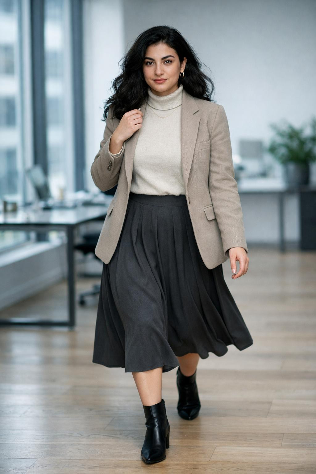 Business professional outfits with beige blazer and turtleneck