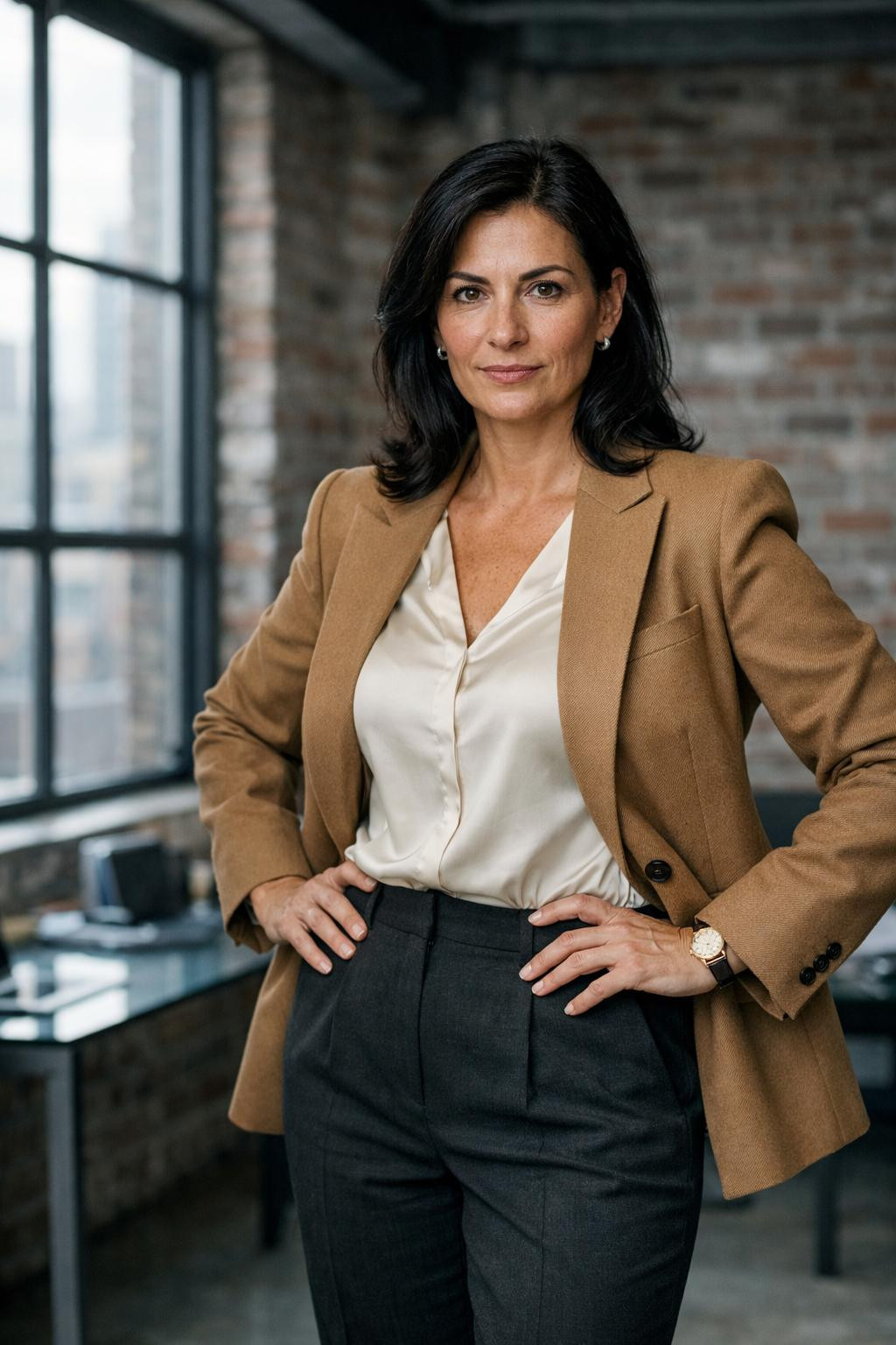 Business professional outfits with camel wool blazer and trousers