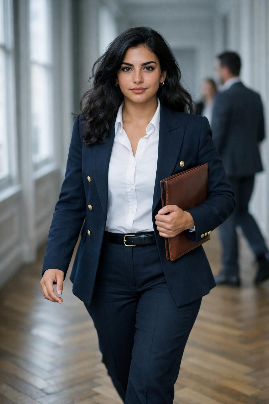 Business professional outfits with navy power suit and gold accents