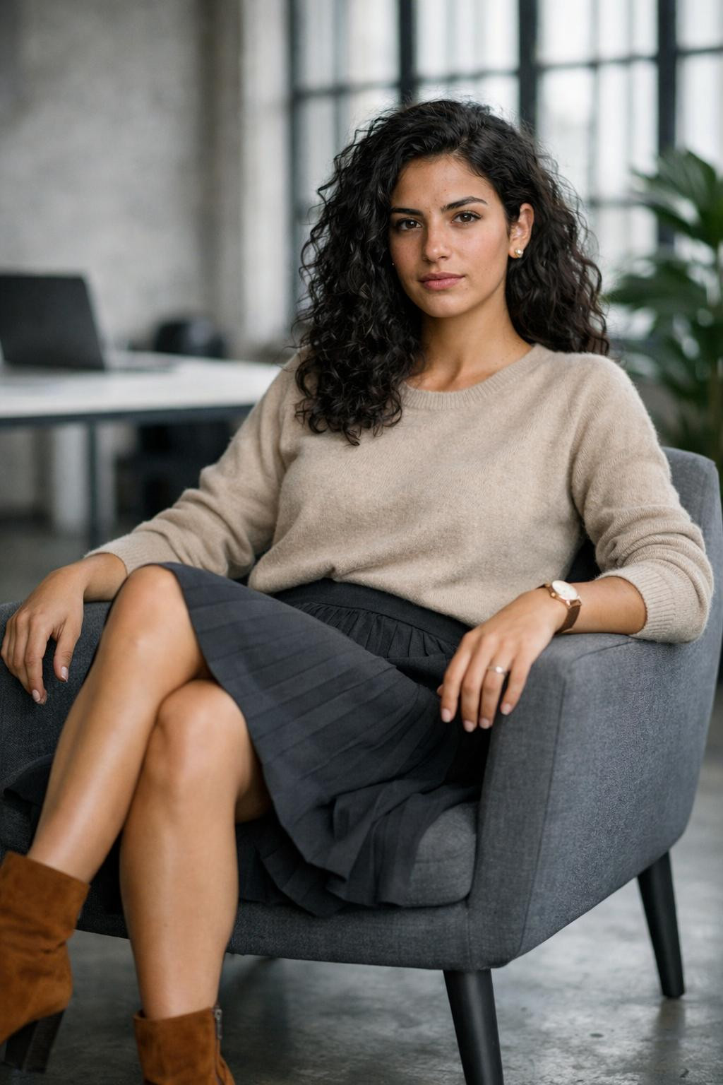 Business professional outfits with beige cashmere and pleated skirt