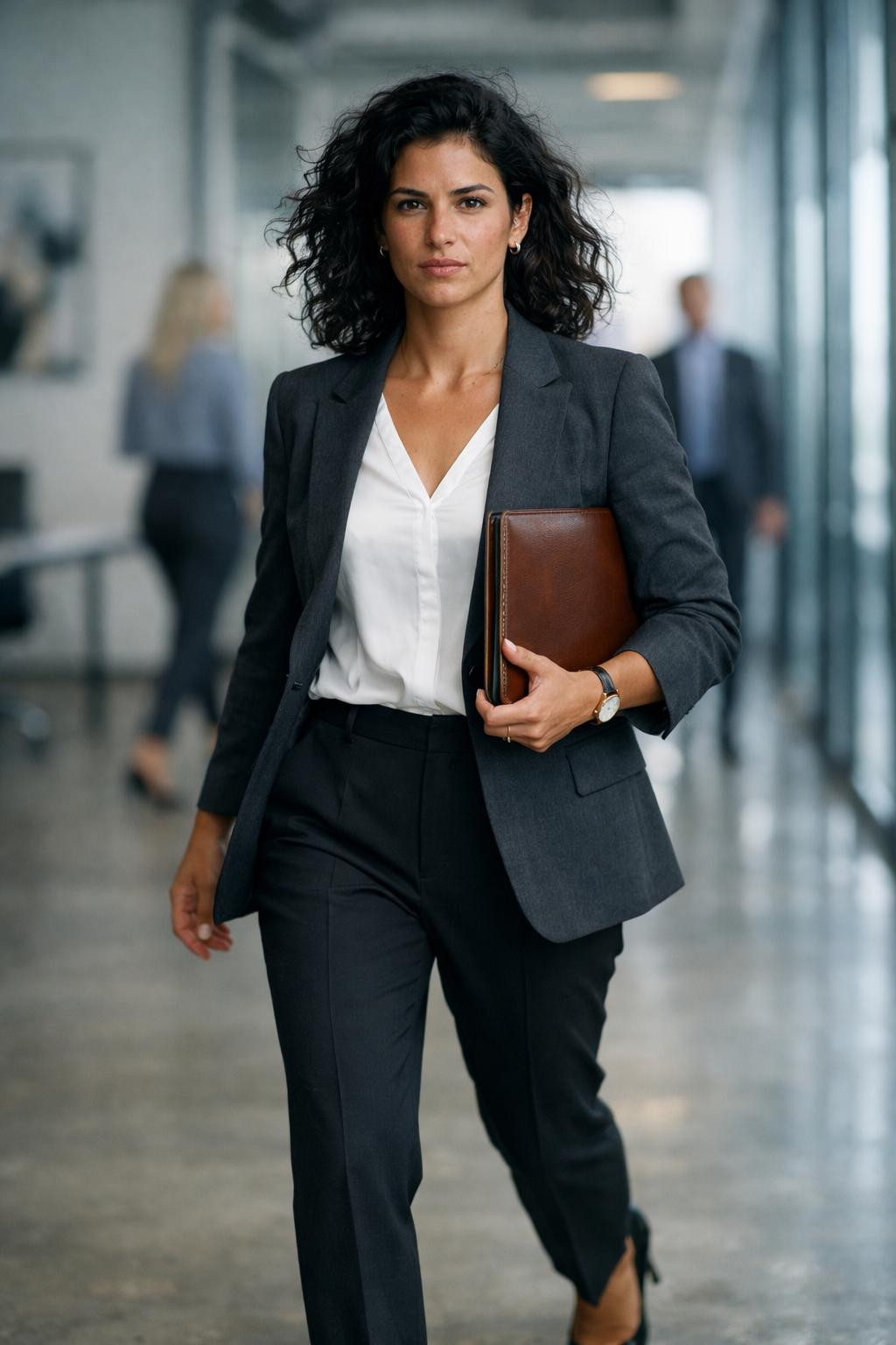 Business professional outfits with charcoal grey blazer and trousers