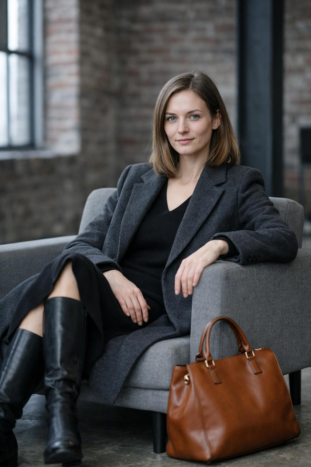 Winter business casual outfits with charcoal coat and knee boots