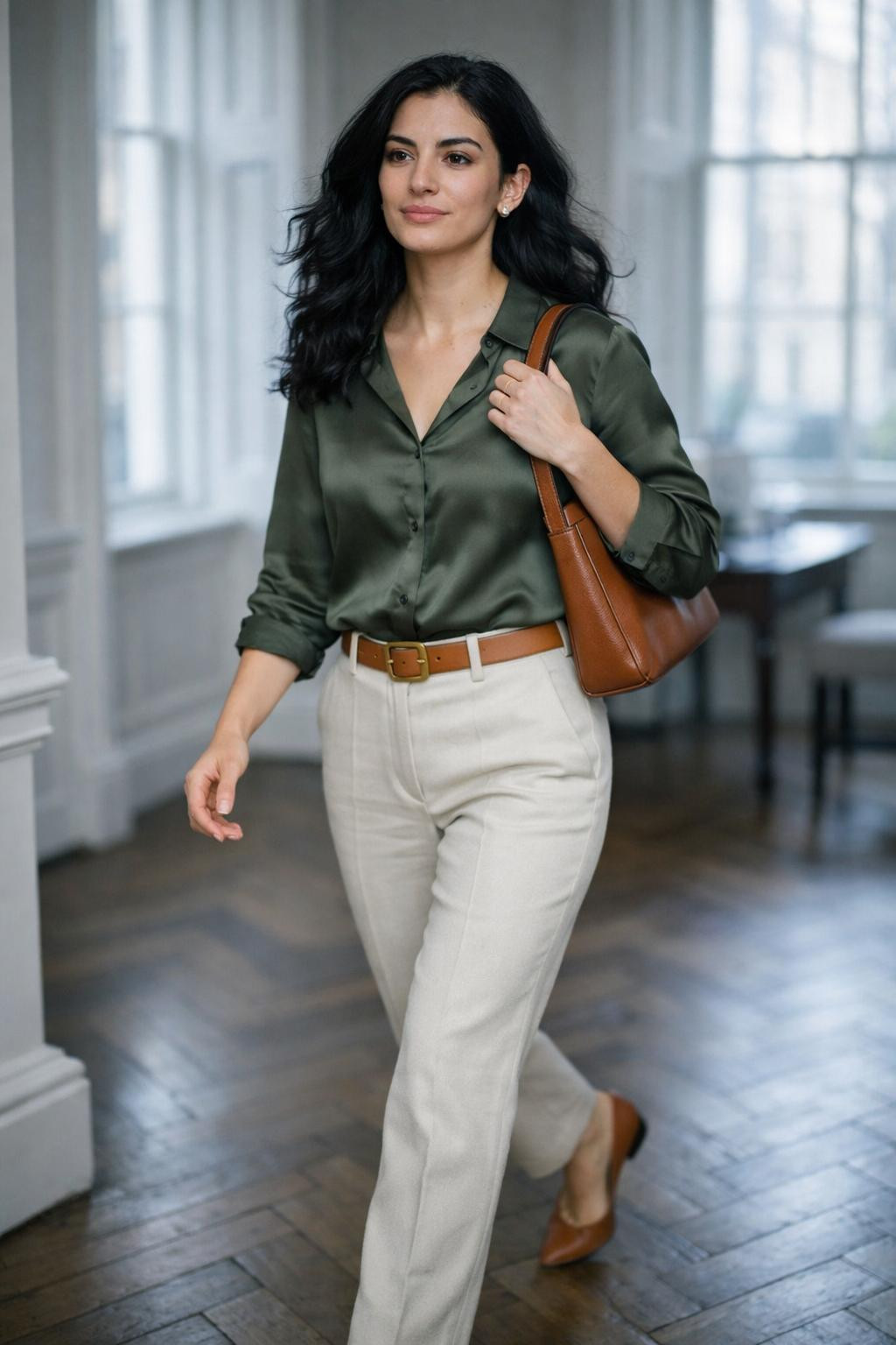 Winter business casual outfits with olive silk blouse