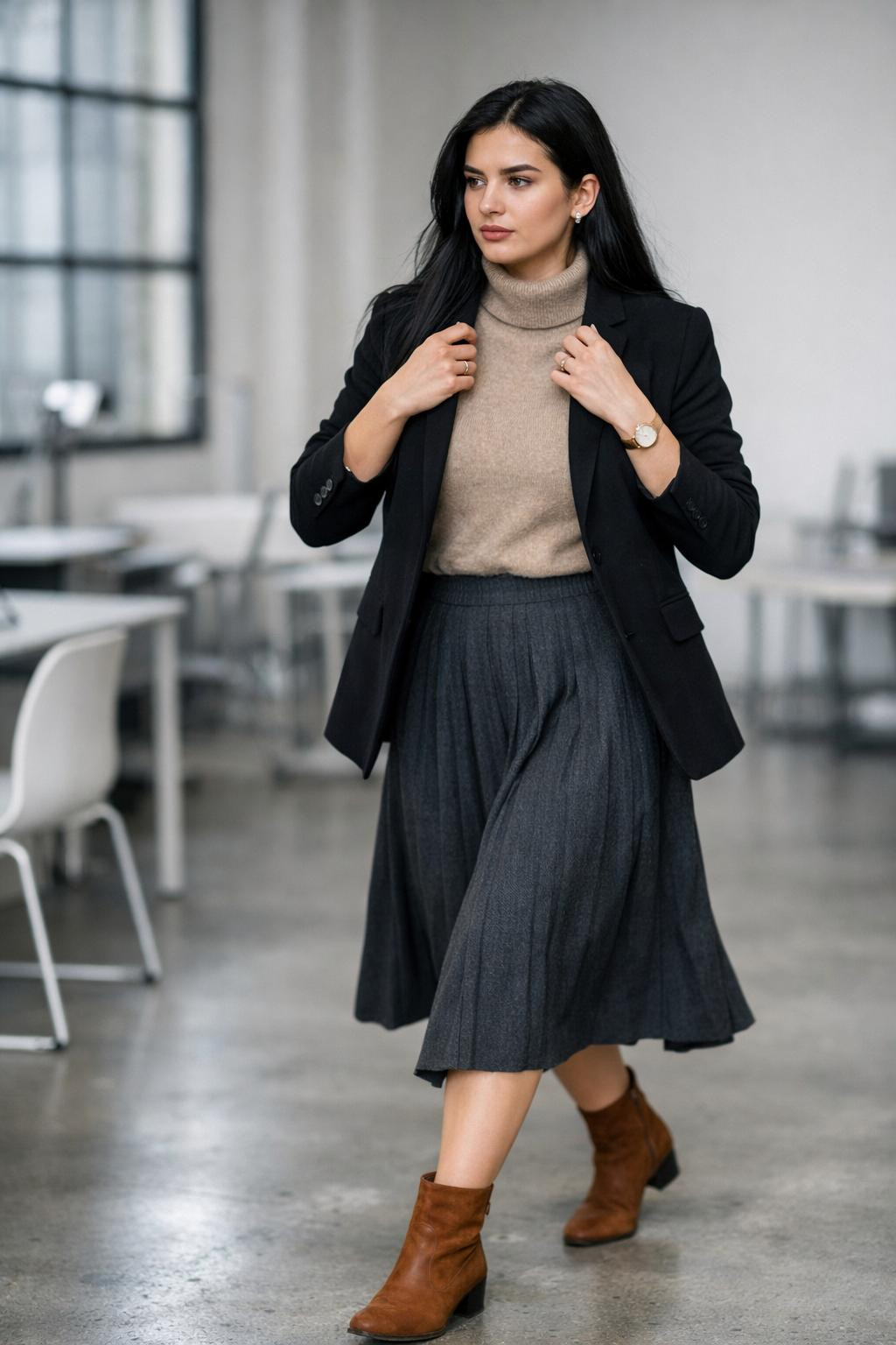 Winter business casual outfits with beige sweater and grey skirt