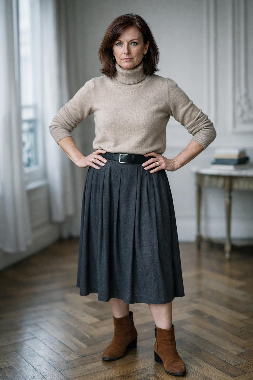 Winter business casual outfits with beige turtleneck and midi skirt