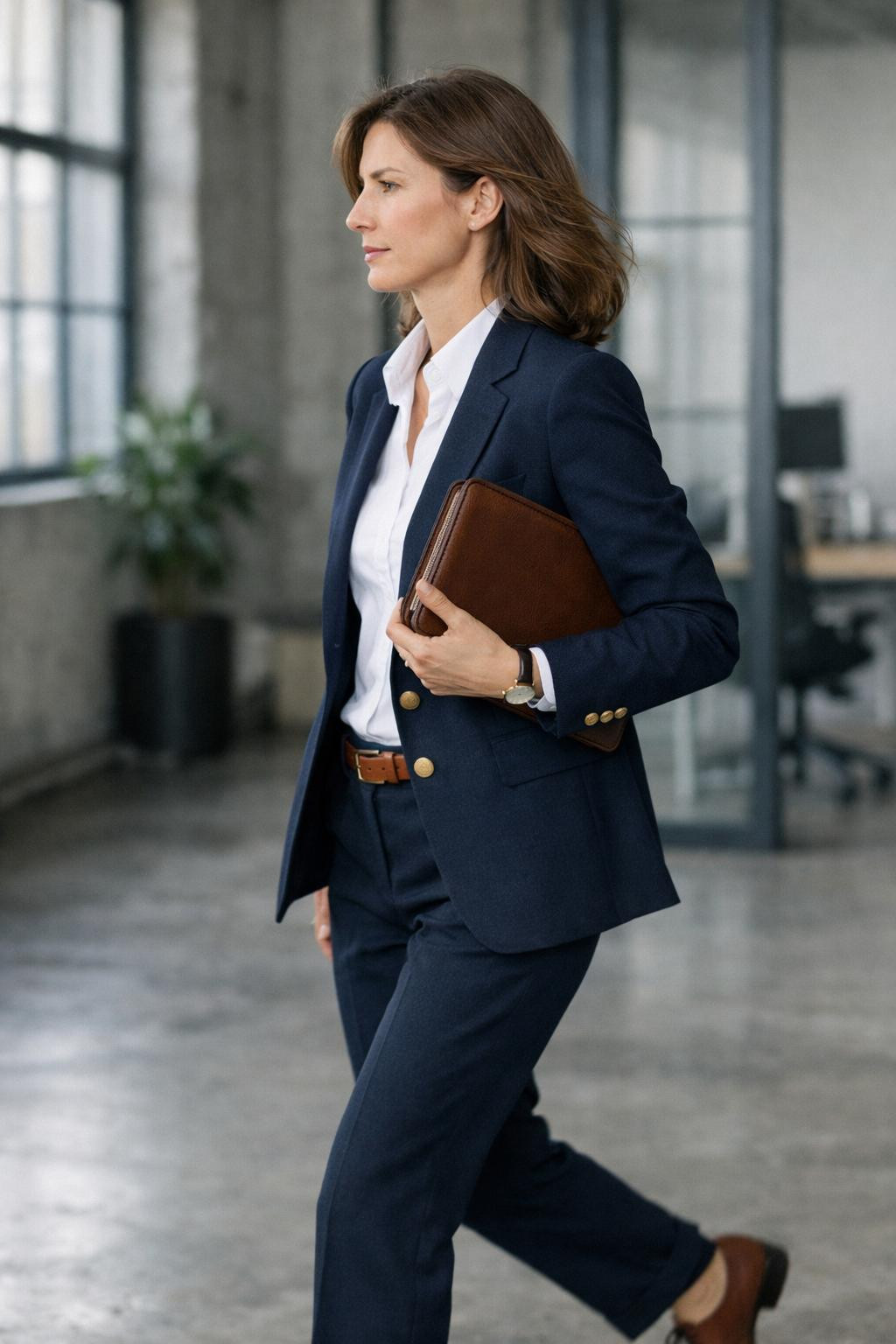 Winter business casual outfits with navy suit and cognac accessories