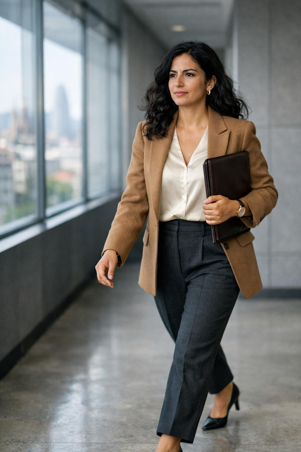 Winter business casual outfits with camel blazer and charcoal trousers