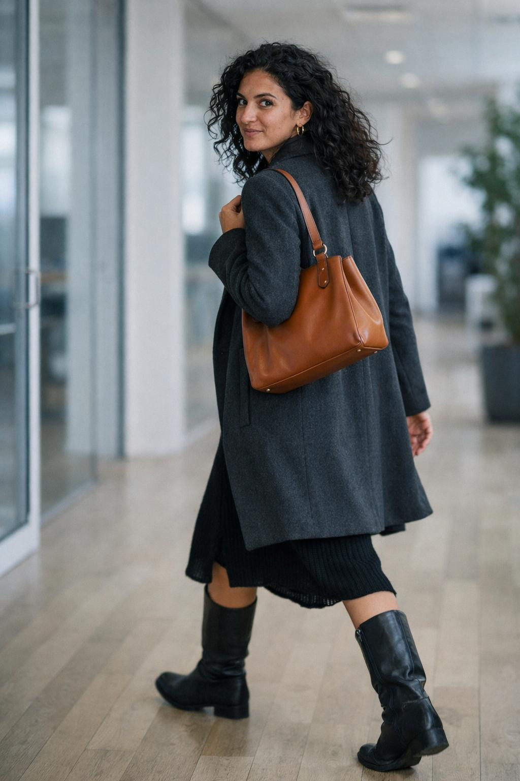 Winter business casual outfits with charcoal coat and black dress